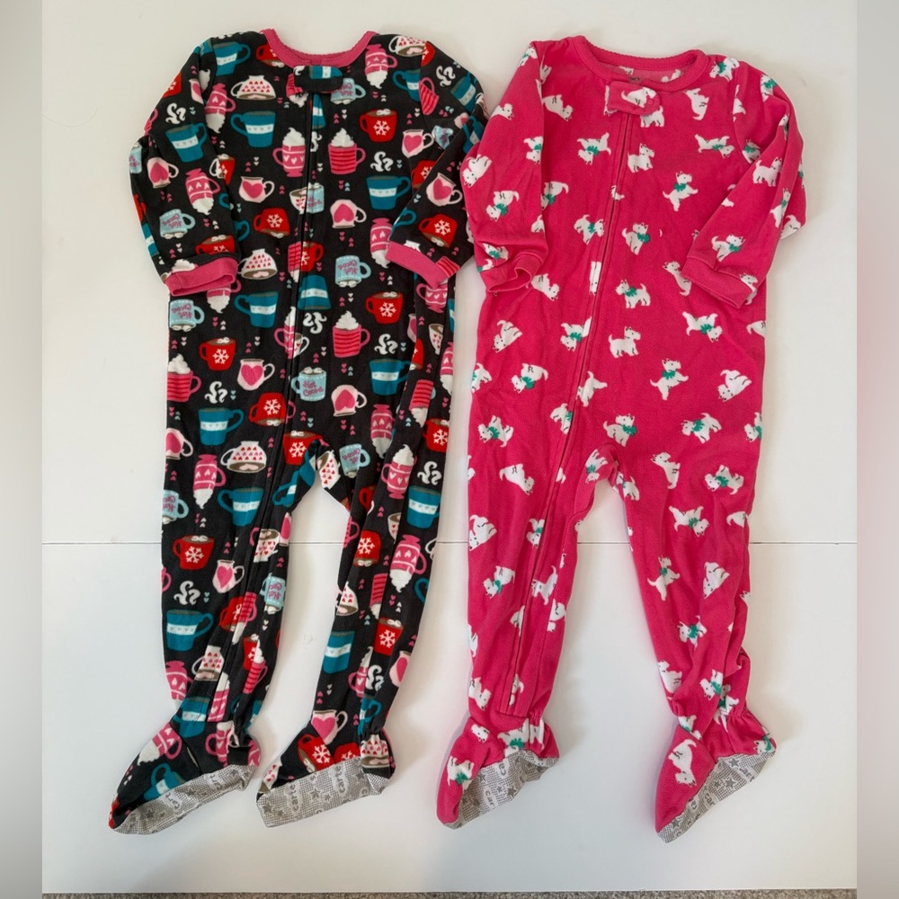 Carters Fleece Kids One Piece Pajamas BUNDLE 2T Hot Chocolate Design & Puppy Dog